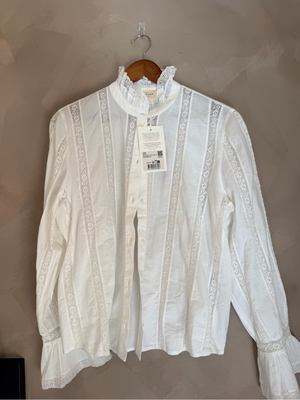 Sezane White Lace-Trim Ruffle Collar Blouse